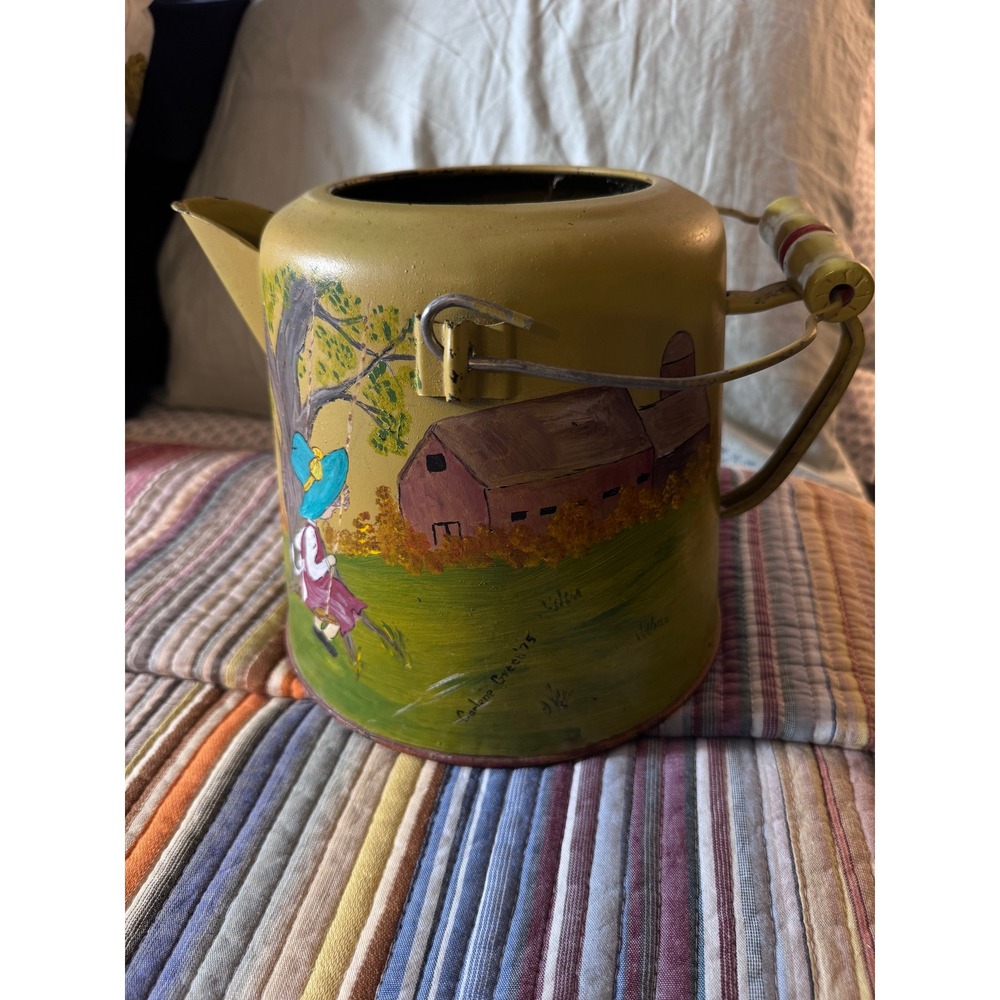 Vtg Hand Painted Folk Art Metal Watering Can Signed CG‎ 1975 Barn Primitive OOAK